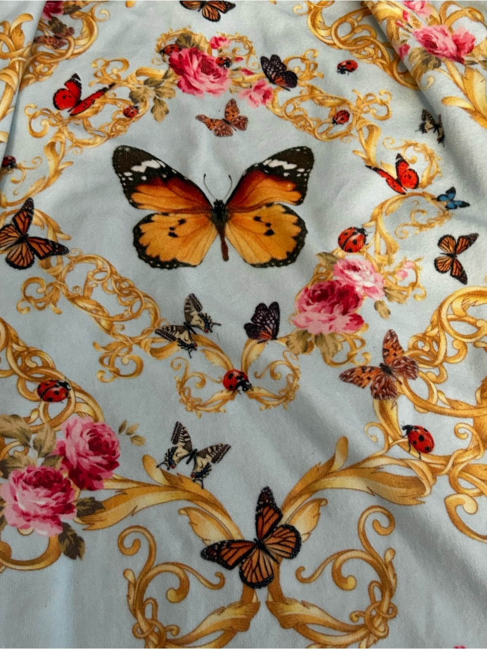 Wrap Light Blue Butterfly Print wrap coverup ,Velcro closure with Gold Scrolls